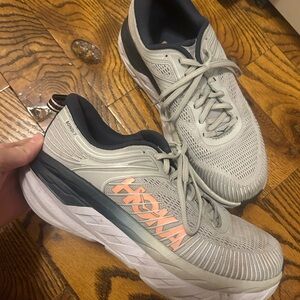Hoka Light Gray and Coral Athletic Shoes